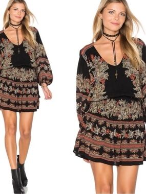Free People Black Mini Dress with Rust and Olive Floral Embroidery